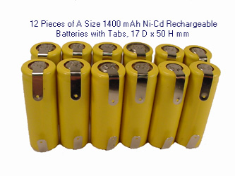 12 Pcs  A-Size  1.2 V 1400 MAh Ni-Cd Rechargeable Batteries With Tabs