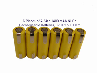 6 Pcs  A-Size 1.2 V 1400 MAh NiCd Rechargeable Batteries With Tabs